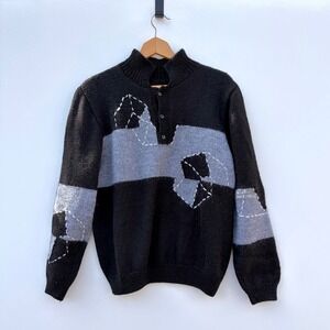 Sweater S Black Grey Polo Collar Abstract Patchwork Geometric Design Chunky Knit